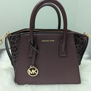 Michael Kors Burgundy Leather Satchel with Leopard Panels